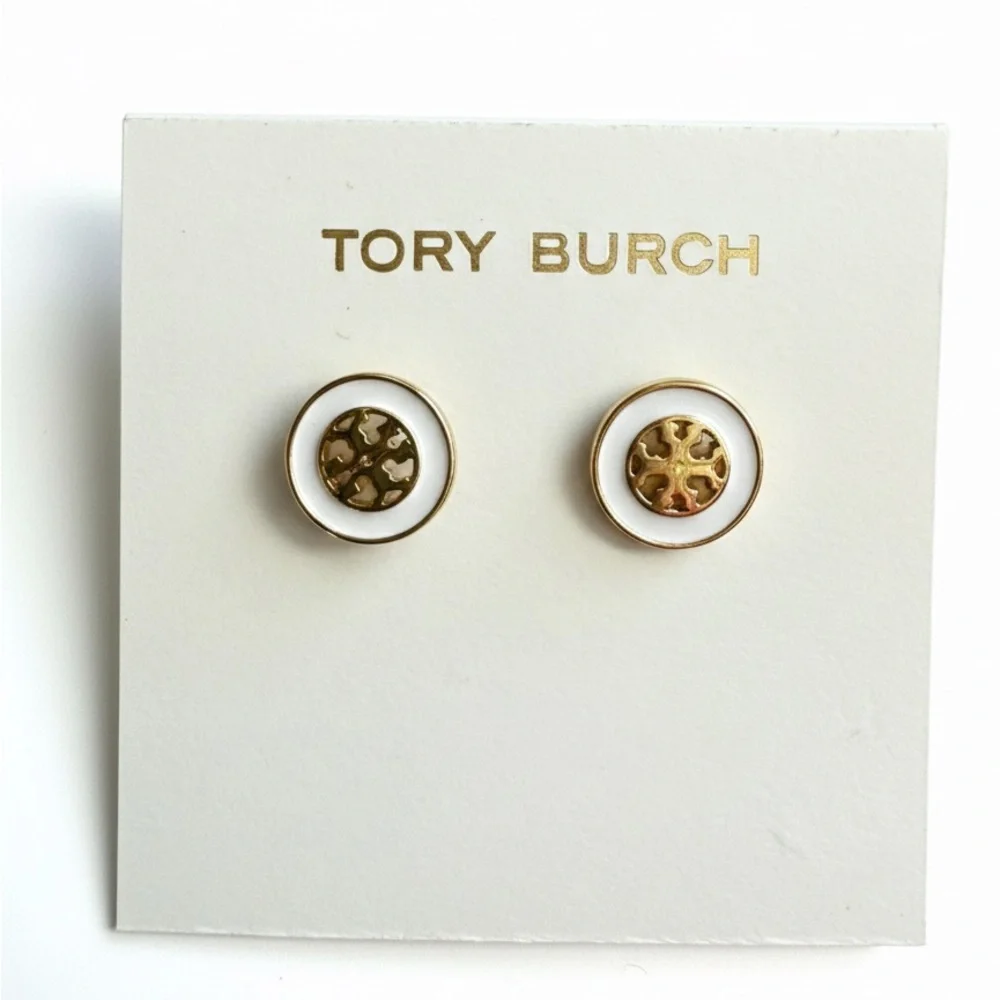 Tory Burch Gold and White Logo Stud Earrings